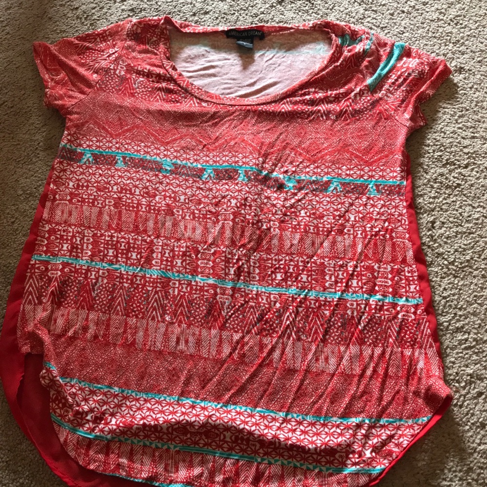 Red patterned blouse with sheer back